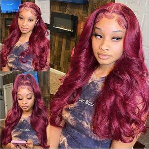 NWT Subella Wavy Front Lace Wig 18” - 100% Human Hair - Burgundy Red